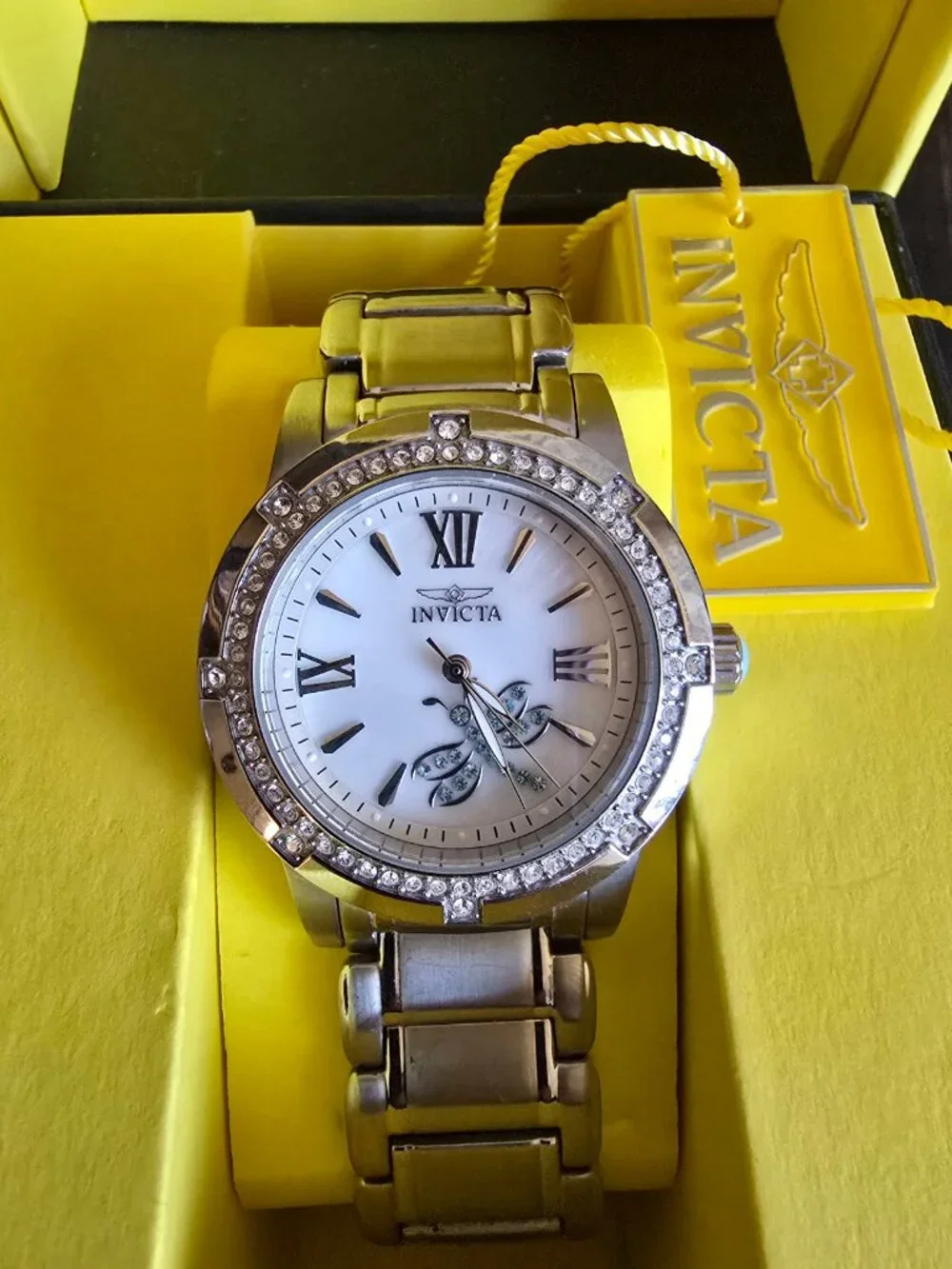 Invicta Angel Quartz Crystal Accented Mother-of-Pearl Silver-tone watch